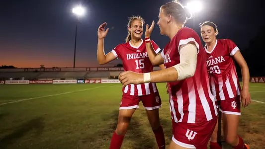 BLOOMINGTON, IN - SEPTEMBER 13, 2018 - Forward Annelie Leitner #22 of the Indiana Hoosiers and Defender Hanna N?meth #15 of the Indiana Hoosiers celebrate during the game between the Michigan Wolverines and the Indiana Hoosiers at Bill Armstrong Stadium in Bloomington, IN. Photo By Craig Bisacre/Indiana Athletics