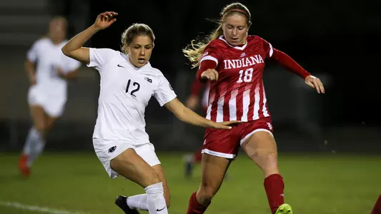 BLOOMINGTON, IN - OCTOBER 18, 2018 - Defender Julia Gilliam #18 of the Indiana Hoosiers during the game against the Penn State Nittany Lions and the Indiana Hoosiers at Bill Armstrong Stadium in Bloomington, IN. Photo By Missy Minear/Indiana Athletics