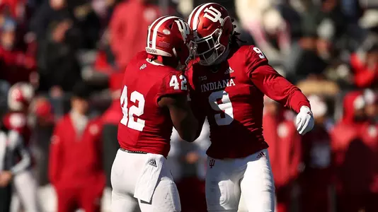 BLOOMINGTON, IN - NOVEMBER 10, 2018 - defensive back Marcelino Ball #42 of the Indiana Hoosiers and defensive back Jonathan Crawford #9 of the Indiana Hoosiers during the game between the Maryland Terrapins and the Indiana Hoosiers at Memorial Stadium in Bloomington, IN. Photo By Rose Bythrow/Indiana Athletics