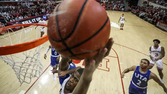 BLOOMINGTON, IN - NOVEMBER 01, 2018 - Guard Aljami Durham #1 of the Indiana Hoosiers during the game against the University of Texas Arlington Broncos against the Indiana Hoosiers at Simon Skjodt Assembly Hall in Bloomington, IN. Photo By Craig Bisacre/Indiana Athletics