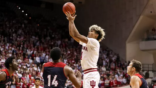 BLOOMINGTON, IN - NOVEMBER 01, 2018 - Forward Jake Forrester #4 of the Indiana Hoosiers during a game against the University of Southern Indiana Screaming Eagles and the Indiana Hoosiers in Simon Skjodt Assembly Hall in Bloomington, IN. Photo By Craig Bisacre/Indiana Athletics