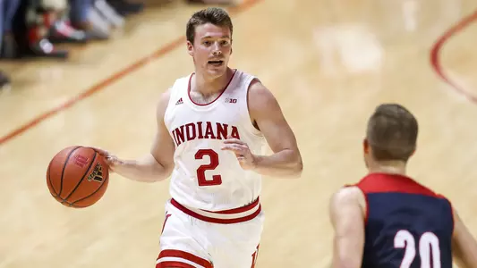 BLOOMINGTON, IN - NOVEMBER 01, 2018 - Guard Johnny Jager #2 of the Indiana Hoosiers during the game against the University of Southern Indiana Screaming Eagles and the Indiana Hoosiers at Simon Skjodt Assembly Hall in Bloomington, IN. Photo By Rose Bythrow/Indiana Athletics