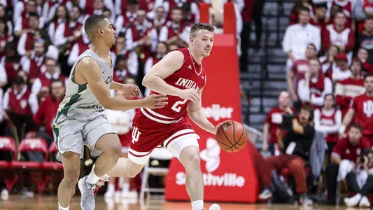 BLOOMINGTON, IN - NOVEMBER 06, 2018 - Guard Johnny Jager #2 of the Indiana Hoosiers during the game against the Chicago State Cougars and the Indiana Hoosiers at Simon Skjodt Assembly Hall in Bloomington, IN. Photo By Craig Bisacre/Indiana Athletics