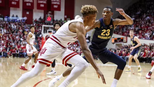 BLOOMINGTON, IN - NOVEMBER 14, 2018 - Guard Romeo Langford #0 of the Indiana Hoosiers during the game against the Marquette Golden Eagles and the Indiana Hoosiers at Simon Skjodt Assembly Hall in Bloomington, IN. Photo By Missy Minear/Indiana Athletics
