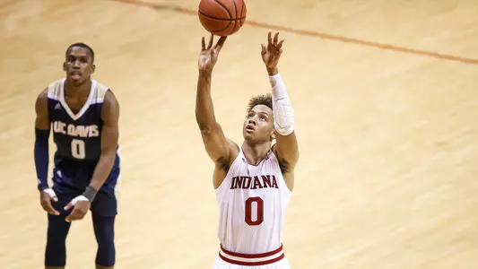 BLOOMINGTON, IN - NOVEMBER 23, 2018 - Guard Romeo Langford #0 of the Indiana Hoosiers during the game between the UC Davis Aggies and the Indiana Hoosiers at Simon Skjodt Assembly Hall in Bloomington, IN. Photo By \201#2\