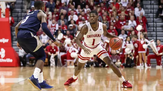 BLOOMINGTON, IN - NOVEMBER 23, 2018 - Guard Aljami Durham #1 of the Indiana Hoosiers during the game between the UC Davis Aggies and the Indiana Hoosiers at Simon Skjodt Assembly Hall in Bloomington, IN. Photo By Craig Bisacre/Indiana Athletics