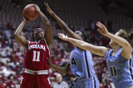 BLOOMINGTON, IN - NOVEMBER 02, 2018 - forward Kym Royster #11 of the Indiana Hoosiers during the game against the Northwood Timberwolves and the Indiana Hoosiers at Simon Skjodt Assembly Hall in Bloomington, IN. Photo By John Sims/Indiana Athletics