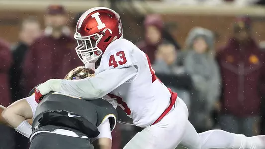 MINNEAPOLIS, MN - OCTOBER 26, 2018 - linebacker Dameon Willis Jr. #43 of the Indiana Hoosiers and defensive back Khalil Bryant #29 of the Indiana Hoosiers during the game between the Minnesota Gophers and the Indiana Hoosiers at TCF Bank Stadium in Minneapolis, MN. Photo By Craig Bisacre/Indiana Athletics