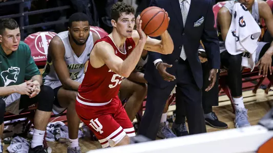 BLOOMINGTON, IN - NOVEMBER 06, 2018 - Forward Evan Fitzner #55 of the Indiana Hoosiers during the game against the Chicago State Cougars and the Indiana Hoosiers at Simon Skjodt Assembly Hall in Bloomington, IN. Photo By John Sims/Indiana Athletics