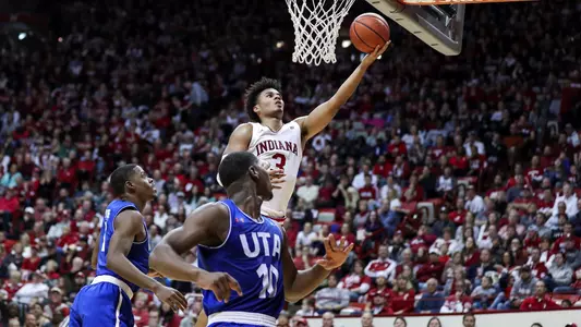 BLOOMINGTON, IN - NOVEMBER 01, 2018 - Forward Justin Smith #3 of the Indiana Hoosiers during the game against the University of Texas Arlington Broncos against the Indiana Hoosiers at Simon Skjodt Assembly Hall in Bloomington, IN. Photo By Amelia Herrick/Indiana Athletics