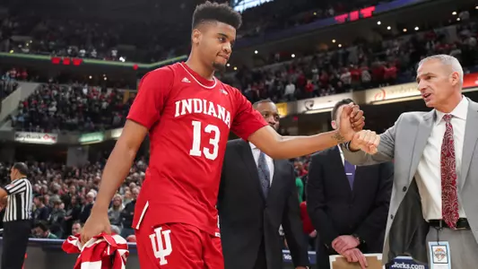 INDIANAPOLIS, IN - DECEMBER 15, 2018 - Forward Juwan Morgan #13 of the Indiana Hoosiers during the Crossroads Class game between the Butler Bulldogs and the Indiana Hoosiers at Bankers Life Fieldhouse in Indianapolis, IN. Photo by Craig Bisacre/Indiana Athletics