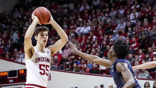 BLOOMINGTON, IN - NOVEMBER 09, 2018 - Forward Evan Fitzner #55 of the Indiana Hoosiers during the game against the Montana State Bobcats and the Indiana Hoosiers at Simon Skjodt Assembly Hall in Bloomington, IN. Photo By Missy Minear/Indiana Athletics