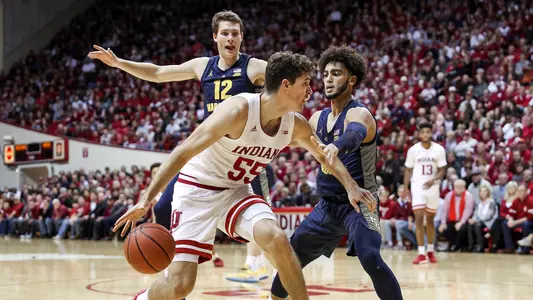 BLOOMINGTON, IN - NOVEMBER 14, 2018 - Forward Evan Fitzner #55 of the Indiana Hoosiers during the game against the Marquette Golden Eagles and the Indiana Hoosiers at Simon Skjodt Assembly Hall in Bloomington, IN. Photo By Missy Minear/Indiana Athletics