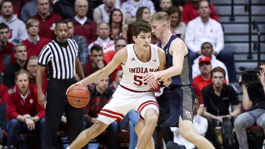 BLOOMINGTON, IN - NOVEMBER 14, 2018 - Forward Evan Fitzner #55 of the Indiana Hoosiers during the game against the Marquette Golden Eagles and the Indiana Hoosiers at Simon Skjodt Assembly Hall in Bloomington, IN. Photo By Missy Minear/Indiana Athletics