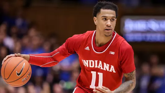 DURHAM, NC - NOVEMBER 27, 2018 - Guard Devonte Green #11 of the Indiana Hoosiers during the game between the Duke Blue Devils and the Indiana Hoosiers at Cameron Indoor Stadium in Durham, NC. Photo By Craig Bisacre/Indiana Athletics