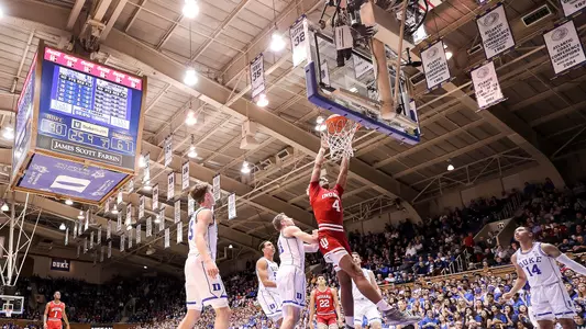 DURHAM, NC - NOVEMBER 27, 2018 - Forward Jake Forrester #4 of the Indiana Hoosiers during the game between the Duke Blue Devils and the Indiana Hoosiers at Cameron Indoor Stadium in Durham, NC. Photo By Craig Bisacre/Indiana Athletics