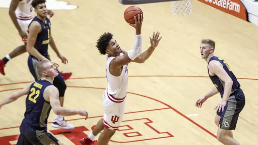 BLOOMINGTON, IN - NOVEMBER 14, 2018 - Forward Justin Smith #3 of the Indiana Hoosiers during the game against the Marquette Golden Eagles and the Indiana Hoosiers at Simon Skjodt Assembly Hall in Bloomington, IN. Photo By John Sims/Indiana Athletics