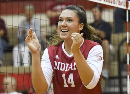 BLOOMINGTON, IN - AUGUST 26, 2017 - Right side hitter Elizabeth Asdell #14 of the Indiana Hoosiers during the game against the DePaul Blue Demons and the Indiana Hoosiers at University Gym in Bloomington, IN. Photo By Craig Bisacre/Indiana Athletics