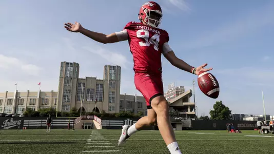 BLOOMINGTON, IN - AUGUST 05, 2018 - punter Haydon Whitehead #94 of the Indiana Hoosiers during fall camp practice in Bloomington, IN. Photo By Craig Bisacre/Indiana Athletics