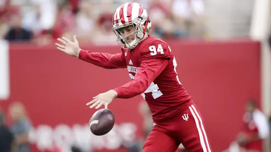 BLOOMINGTON, IN - OCTOBER 07, 2017 - punter Haydon Whitehead #94 of the Indiana Hoosiers during the football game against Charleston Southern Buccaneers and the Indiana Hoosiers Bloomington, IN. Photo By Craig Bisacre/Indiana Athletics