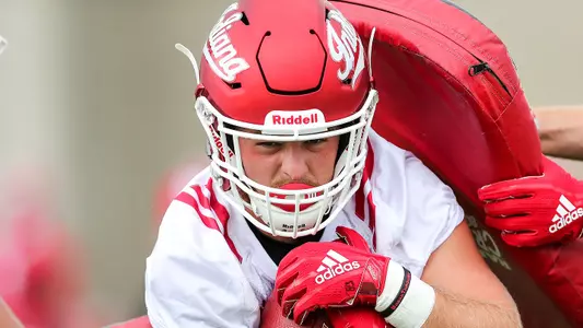 BLOOMINGTON, IN - AUGUST 03, 2018 - tight end Austin Dorris #83 of the Indiana Hoosiers during the first fall camp practice of 2018 in Bloomington, IN. Photo By Craig Bisacre/Indiana Athletics