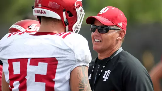 BLOOMINGTON, IN - AUGUST 10, 2018 - Indiana Hoosiers Head Coach Tom Allen and tight end Austin Dorris #83 of the Indiana Hoosiers during Fall camp practice on the football practice field in Bloomington, IN. Photo By