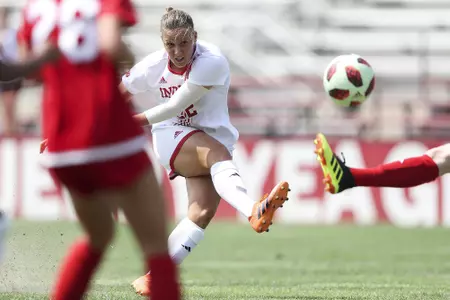 BLOOMINGTON, IN - AUGUST 19, 2018 - Forward Annelie Leitner #22 of the Indiana Hoosiers  during the game against the Miami University RedHawks and the Indiana Hoosiers at Bill Armstrong Stadium in Bloomington, IN. Photo By Craig Bisacre/Indiana Athletics