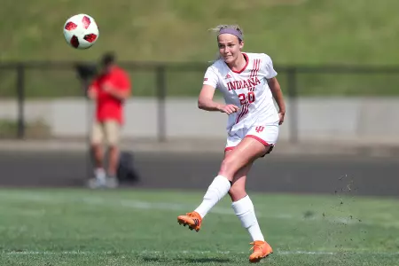 BLOOMINGTON, IN - AUGUST 19, 2018 - Defender Caroline Dreher #20 of the Indiana Hoosiers during the game against the Miami University RedHawks and the Indiana Hoosiers at Bill Armstrong Stadium in Bloomington, IN. Photo By Craig Bisacre/Indiana Athletics
