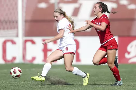 BLOOMINGTON, IN - AUGUST 19, 2018 - Defender Julia Gilliam #18 of the Indiana Hoosiers during the game against the Miami University RedHawks and the Indiana Hoosiers at Bill Armstrong Stadium in Bloomington, IN. Photo By Craig Bisacre/Indiana Athletics