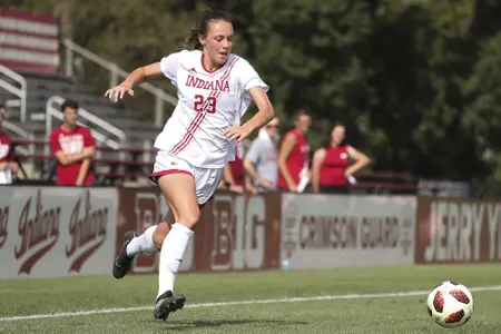 BLOOMINGTON, IN - AUGUST 19, 2018 - Defender Madeline Carlson #23 of the Indiana Hoosiers during the game against the Miami University RedHawks and the Indiana Hoosiers at Bill Armstrong Stadium in Bloomington, IN. Photo By Amelia Herrick/Indiana Athletics