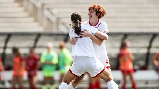 BLOOMINGTON, IN - AUGUST 19, 2018 - Midfielder/Forward Grace Geise #8 of the Indiana Hoosiers and Forward Abby Allen #3 of the Indiana Hoosiers celebrate during the game against the Miami University RedHawks and the Indiana Hoosiers at Bill Armstrong Stadium in Bloomington, IN. Photo By Missy Minear/Indiana Athletics