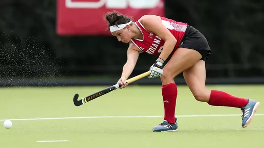 BLOOMINGTON, IN - AUGUST 24, 2018 - Midfielder/defender Kelsey Giese #6 of the Indiana Hoosiers during the game against the University of Louisville Cardinals and the Indiana Hoosiers at the IU Field Hockey Complex in Bloomington, IN. Photo By Rose Bythrow/ Indiana Athletics