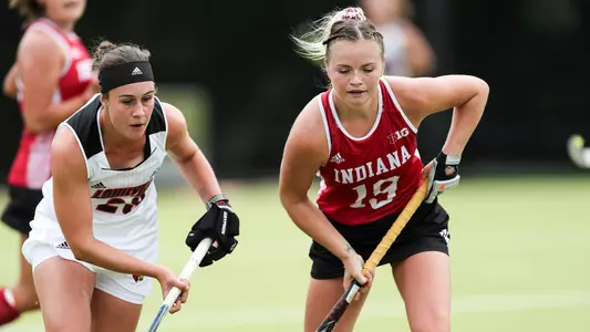 BLOOMINGTON, IN - AUGUST 24, 2018 - Midfielder Ciara Girouard #19 of the Indiana Hoosiers during the game against the University of Louisville Cardinals and the Indiana Hoosiers at the IU Field Hockey Complex in Bloomington, IN. Photo By Rose Bythrow/ Indiana Athletics