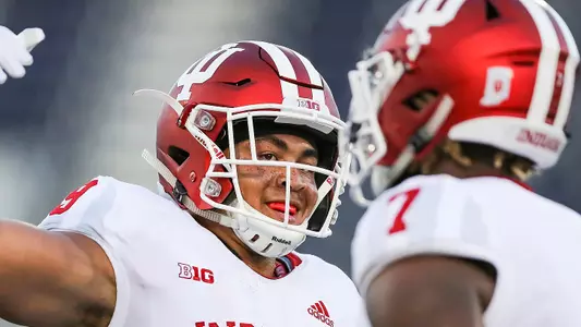 MIAMI, FL - SEPTEMBER 01, 2018 - defensive back Khalil Bryant #29 of the Indiana Hoosiers and linebacker Reakwon Jones #7 of the Indiana Hoosiers celebrate during the game against the FIU Panthers and the Indiana Hoosiers at Riccardo Silva Stadium in Miami, FL. Photo By Craig Bisacre/Indiana Athletics