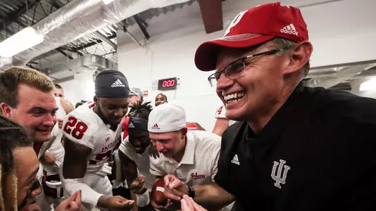 MIAMI, FL - SEPTEMBER 01, 2018 - student equipment manager Matt Stauder, Indiana Hoosiers Head Coach Tom Allen and teammates celebrate during the game against the FIU Panthers and the Indiana Hoosiers at Riccardo Silva Stadium in Miami, FL. Photo By Craig Bisacre/Indiana Athletics