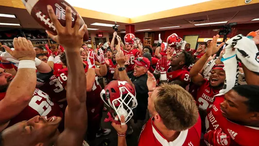 BLOOMINGTON, IN - SEPTEMBER 15, 2018 - Indiana Hoosiers Football team celebrates after the game against the Ball State Cardinals and the Indiana Hoosiers at Memorial Stadium in Bloomington, IN. Photo By Craig Bisacre/Indiana Athletics