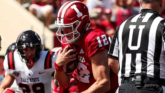 BLOOMINGTON, IN - SEPTEMBER 15, 2018 - quarterback Peyton Ramsey #12 of the Indiana Hoosiers  during the game against the Ball State Cardinals and the Indiana Hoosiers at Memorial Stadium in Bloomington, IN. Photo By Lydia Knoll/Indiana Athletics