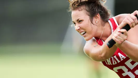 BLOOMINGTON, IN - AUGUST 24, 2018 - Defender Elle Hempt #35 of the Indiana Hoosiers during the game against the University of Louisville Cardinals and the Indiana Hoosiers at the IU Field Hockey Complex in Bloomington, IN. Photo By Rose Bythrow/ Indiana Athletics