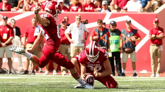 BLOOMINGTON, IN - SEPTEMBER 15, 2018 - kicker Logan Justus #82 of the Indiana Hoosiers and punter Drew Conrad #36 of the Indiana Hoosiers during the game against the Ball State Cardinals and the Indiana Hoosiers at Memorial Stadium in Bloomington, IN. Photo By Lydia Knoll/Indiana Athletics