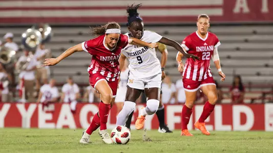 BLOOMINGTON, IN - SEPTEMBER 13, 2018 - Forward Abby Allen #3 of the Indiana Hoosiers during the game between the Michigan Wolverines and the Indiana Hoosiers at Bill Armstrong Stadium in Bloomington, IN. Photo By Lydia Knoll/Indiana Athletics
