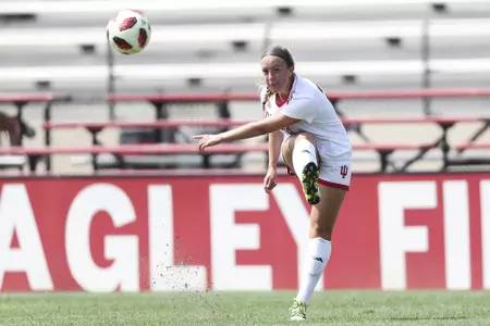 BLOOMINGTON, IN - AUGUST 19, 2018 - Defender Meghan Scott #21 of the Indiana Hoosiers during the game against the Miami University RedHawks and the Indiana Hoosiers at Bill Armstrong Stadium in Bloomington, IN. Photo By Craig Bisacre/Indiana Athletics