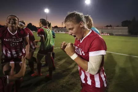 BLOOMINGTON, IN - SEPTEMBER 13, 2018 - Forward Annelie Leitner #22 of the Indiana Hoosiers celebrates during the game between the Michigan Wolverines and the Indiana Hoosiers at Bill Armstrong Stadium in Bloomington, IN. Photo By Craig Bisacre/Indiana Athletics