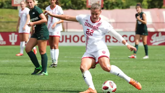 BLOOMINGTON, IN - SEPTEMBER 16, 2018 - Forward Annelie Leitner #22 of the Indiana Hoosiers  during the game between the Michigan State Spartans and the Indiana Hoosiers at Bill Armstrong Stadium in Bloomington, IN. Photo By Craig Bisacre/Indiana Athletics