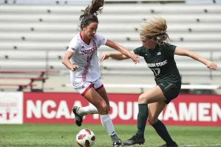 BLOOMINGTON, IN - SEPTEMBER 16, 2018 - Midfielder Allison Jorden #14 of the Indiana Hoosiers during the game between the Michigan State Spartans and the Indiana Hoosiers at Bill Armstrong Stadium in Bloomington, IN. Photo By Craig Bisacre/Indiana Athletics