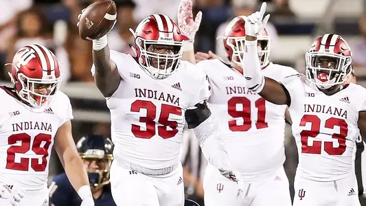 MIAMI, FL - SEPTEMBER 01, 2018 - defensive lineman Nile Sykes #35 of the Indiana Hoosiers and teammates celebrate a fumble recovery during the game against the FIU Panthers and the Indiana Hoosiers at Riccardo Silva Stadium in Miami, FL. Photo By Craig Bisacre/Indiana Athletics