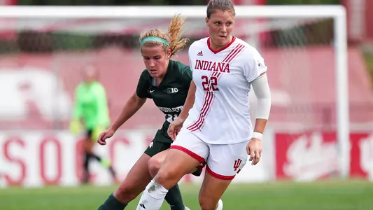 BLOOMINGTON, IN - SEPTEMBER 16, 2018 - Forward Annelie Leitner #22 of the Indiana Hoosiers during the game against Michigan State Spartans and the Indiana Hoosiers at Bill Armstrong Stadium in Bloomington, IN. Photo By Amelia Herrick/Indiana Athletics