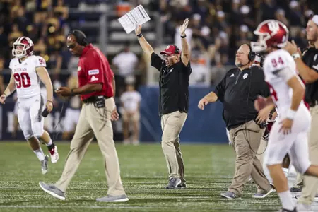 MIAMI, FL - SEPTEMBER 01, 2018 - Indiana Hoosiers Head Coach Tom Allen celebrates during the game against the FIU Panthers and the Indiana Hoosiers at Riccardo Silva Stadium in Miami, FL. Photo By Craig Bisacre/Indiana Athletics