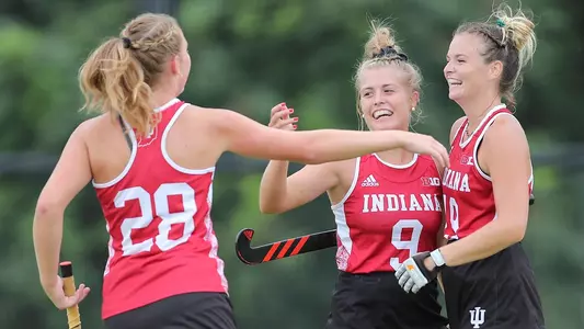 BLOOMINGTON, IN - SEPTEMBER 07, 2018 - Midfielder/forward Claire Woods #9 of the Indiana Hoosiers, Forward Bente Buwalda #28 of the Indiana Hoosiers and Midfielder Ciara Girouard #19 of the Indiana Hoosiers celebrate during the game against the Stanford Cardinals and the Indiana Hoosiers at the Field Hockey Complex in Bloomington, IN. Photo By Craig Bisacre/Indiana Athletics