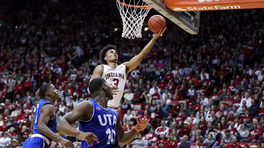 BLOOMINGTON, IN - NOVEMBER 01, 2018 - Forward Justin Smith #3 of the Indiana Hoosiers during the game against the University of Texas Arlington Broncos against the Indiana Hoosiers at Simon Skjodt Assembly Hall in Bloomington, IN. Photo By Amelia Herrick/Indiana Athletics