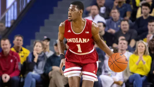 ANN ARBOR, MI - JANUARY 06, 2019 - Guard Aljami Durham #1 of the Indiana Hoosiers during the game between the Michigan Wolverines and the Indiana Hoosiers at the Crisler Center in Ann Arbor, MI. Photo By Andrew Mascharka/For Indiana Athletics